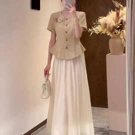 法式小香风气质千金感短袖收腰上衣2025夏季新款大摆纱裙女装时尚