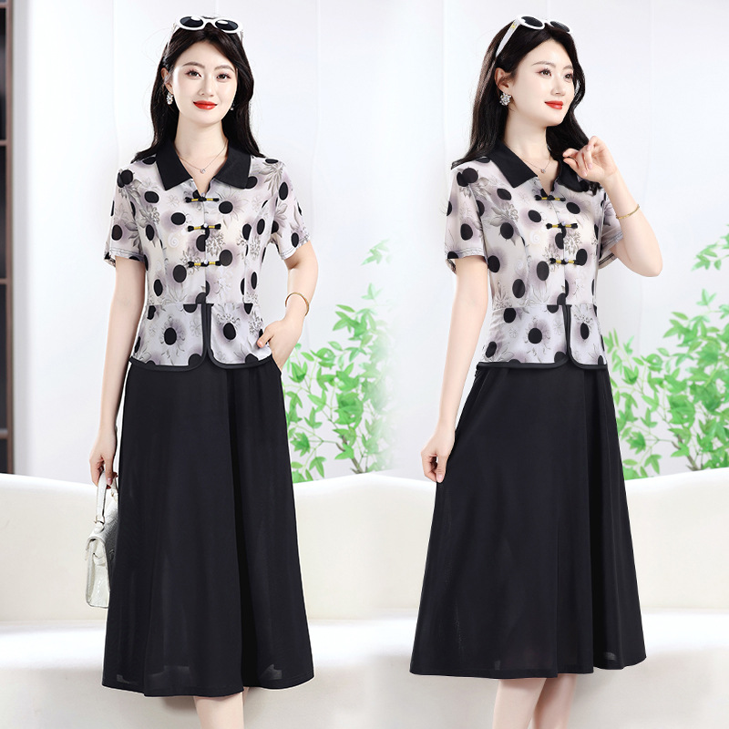 冰雪丝弹力缎中式妈妈装假两件连衣裙夏季新款气质显瘦波点中长裙