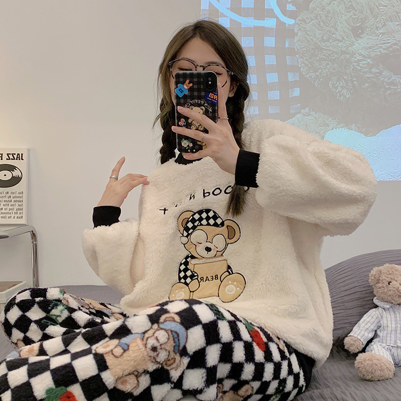 睡衣女秋冬季珊瑚绒加厚保暖韩版束口卡通可爱法兰绒家居服套装女|undefined