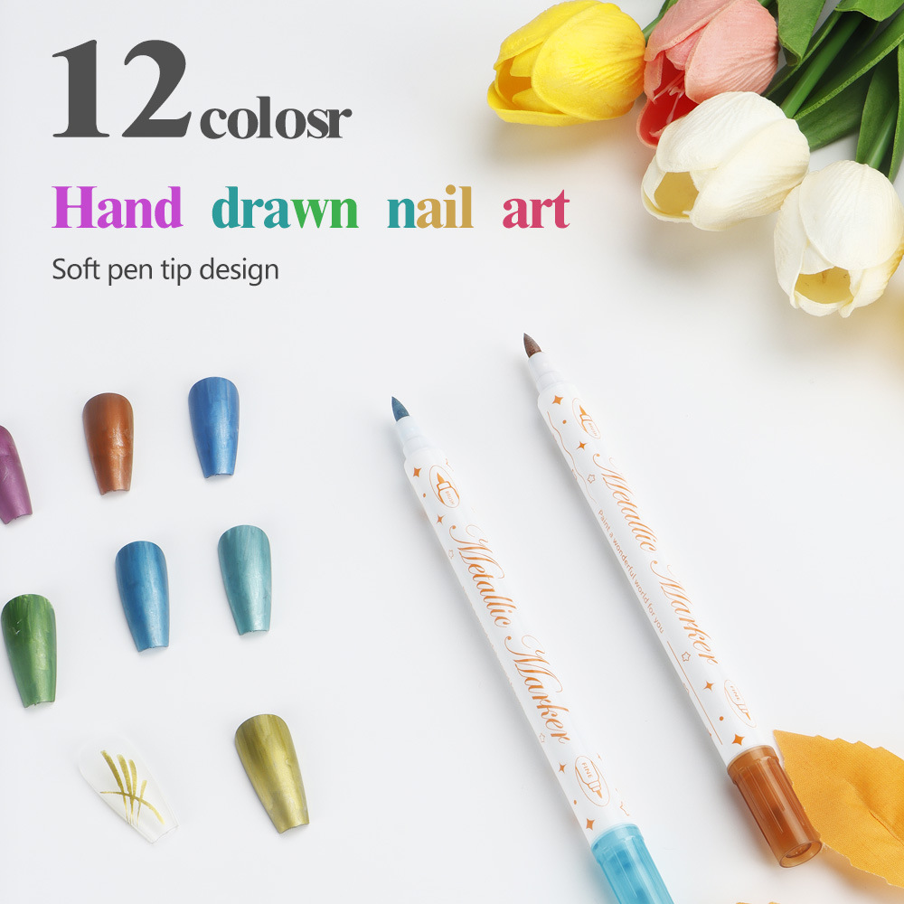 Ventas transfronterizas calientes de doble cabeza de uñas graffiti pluma 12 colores acrílico pintura pluma de pintura de cabeza suave DIY desgaste de nail tracker