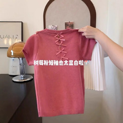 ラズベリーパウダーバックリボン中空ニット半袖Tシャツレディース2025夏新作ラウンドネックショルダートップトレンディ