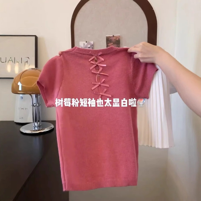 ラズベリーパウダーバックリボン中空ニット半袖Tシャツレディース2025夏新作ラウンドネックショルダートップトレンディ|undefined