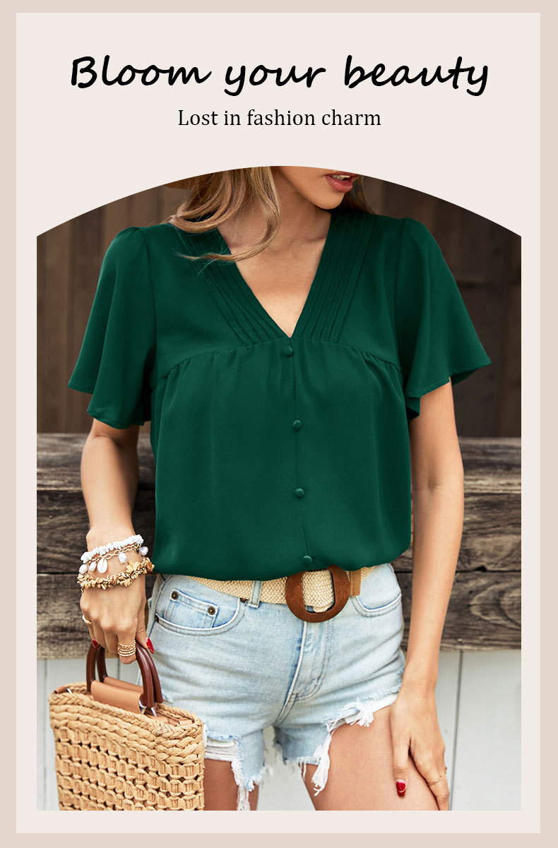 Solid Color V-neck Folds Shirt_voghion.com