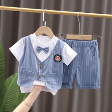男宝宝小西装夏季短袖帅气英伦绅士条纹套装婴儿花童小童周岁礼服