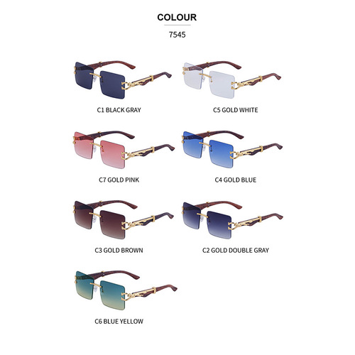 Retro frameless sunglasses for men, personalized leopard wood grain temples, square frame sunglasses for women, cross-border wholesale shades