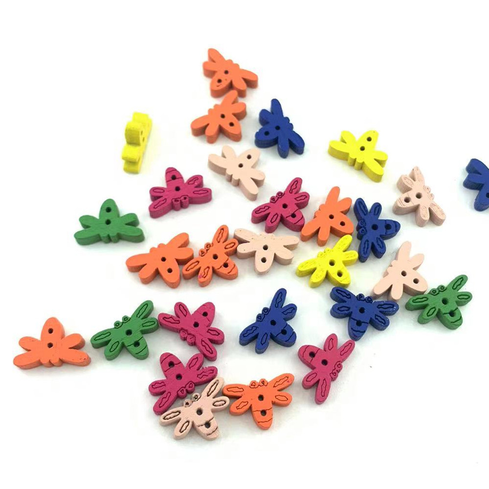 彩色卡通儿童纽扣混色装简约天然原色木头钮扣蜻蜓钮扣