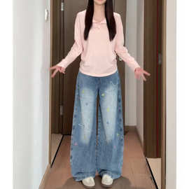 慵懒风通勤ins星星刺绣高街阔腿牛仔裤女春秋新款时尚拖地牛仔裤