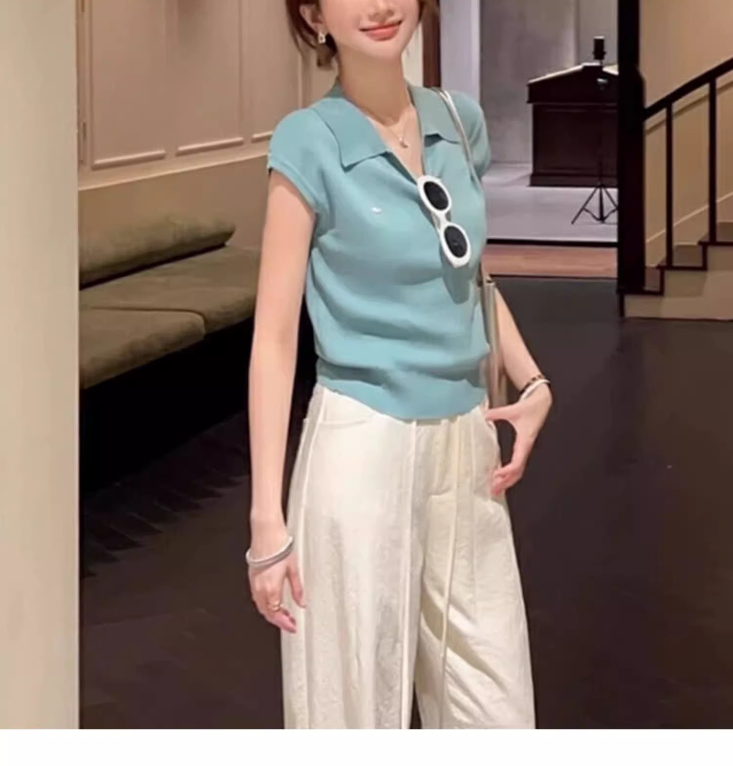 Áo polo nữ ngắn tay cổ bẻ chất liệu linen pha sợi dệt kim — màu đen chi tiết 18