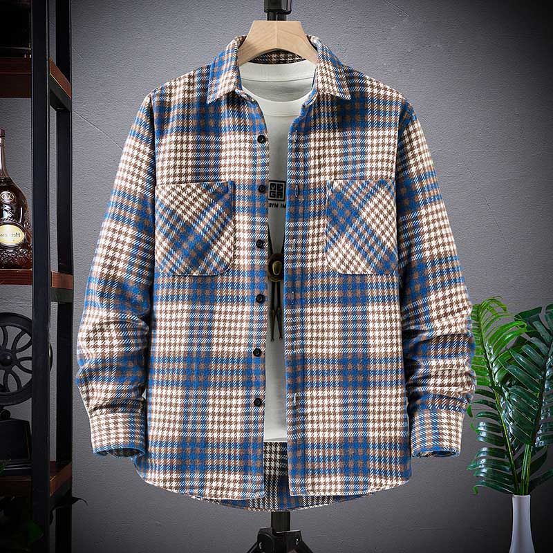 格子加厚保暖衬衫秋冬新款衬衣男款韩版潮流双口袋外套美拉德现货
