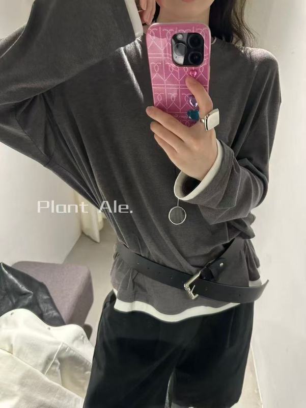 天丝羊毛垂感长袖打底衫一拼接色假两件宽松T恤百搭上衣女生5M124|undefined