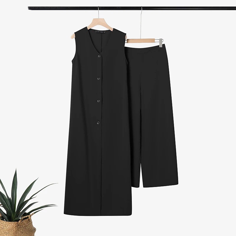 Women's Fashion Street Style Two Piece Set Sleeveless Long Top Wide Leg Pants Solid Color Summer_ecoleips.com