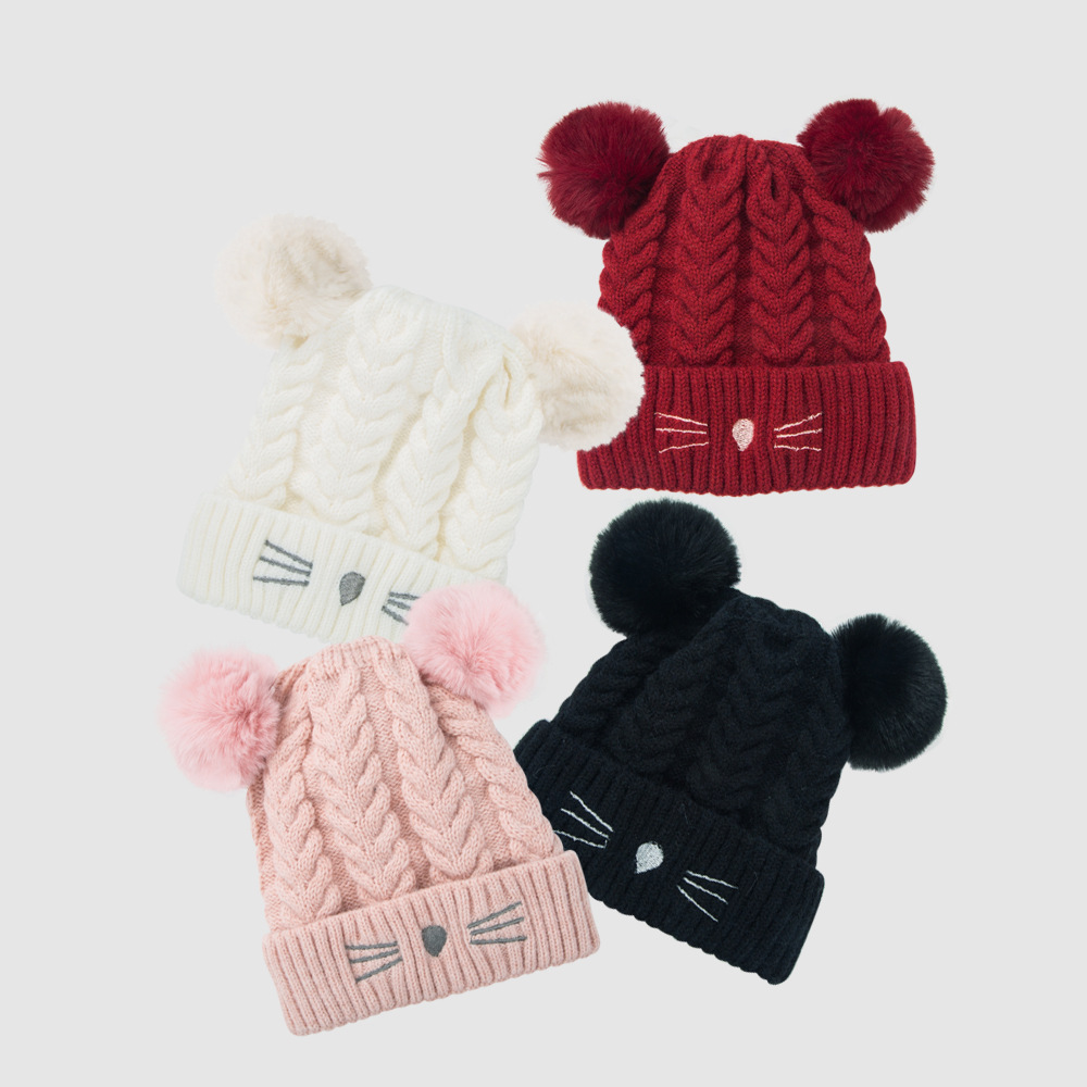 2021 New Baby Hat Autumn And Winter Cute Fleece Lined Warm Cartoon Fur Ball Woolen Cap Children Baby Knit Hat display picture 1