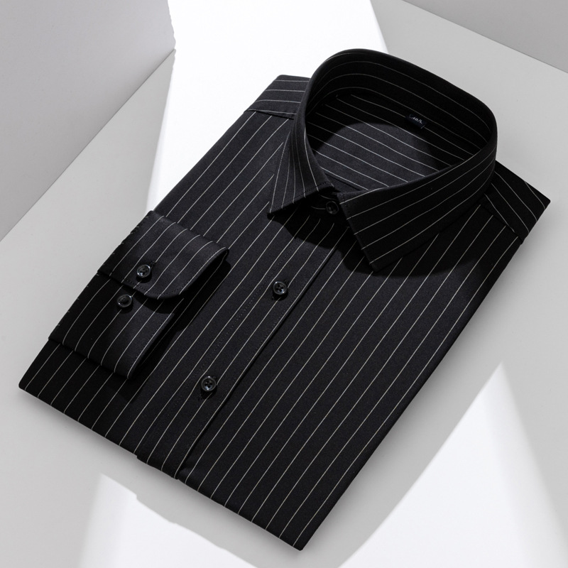 Camisas a rayas personalizadas en blanco y negro para hombres, mangas largas delgadas, traje de negocios sin quemar, impresión interior, camisa negra para hombres