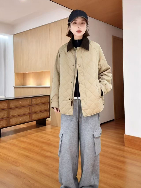 韩版灯芯绒菱格翻领棉服外套女2025秋冬新款宽松休闲百搭长袖棉衣|undefined