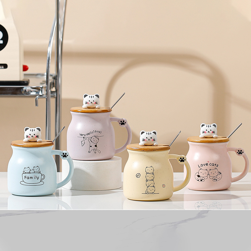 Taza de gato con tapa cuchara cerámica taza leche los niños lindos regalo cumpleaños