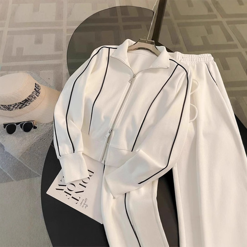 Stylish and Fashionable Women's Set Autumn Open Crewneck Sweatshirt Wide Leg Pants Sporty Casual Two-Piece Set Trendy