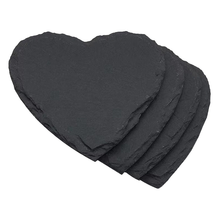 Fábrica al por mayor de estilo europeo en forma de corazón Placa de posavasos pizarra negro natural roca montaña almohadilla de aislamiento térmico de Esquisto