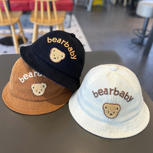 Korean style baby hat autumn and winter corduroy cute bear fisherman hat boys and girls sunshade versatile basin hat trendy