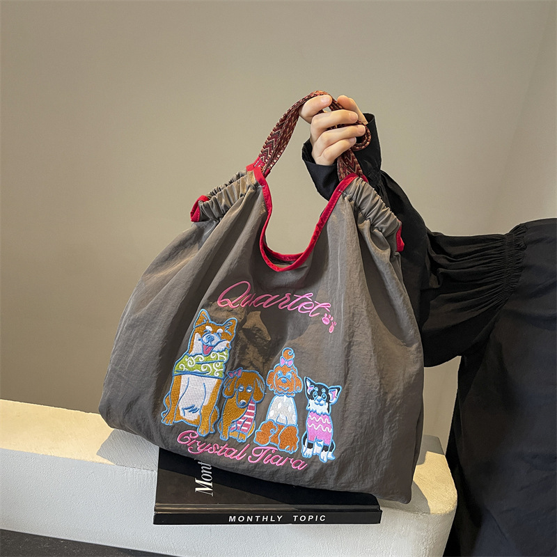 Bag for women 2024 summer new embroidered cute cartoon handbag, large capacity canvas shoulder tote bag_voghion.com