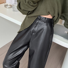 黒いpuの皮のズボンの女性の新型の高腰の9分の気質の靴のズボンのカジュアルな小さい体のズボンはやせていることが現れて、女性服に似合います。