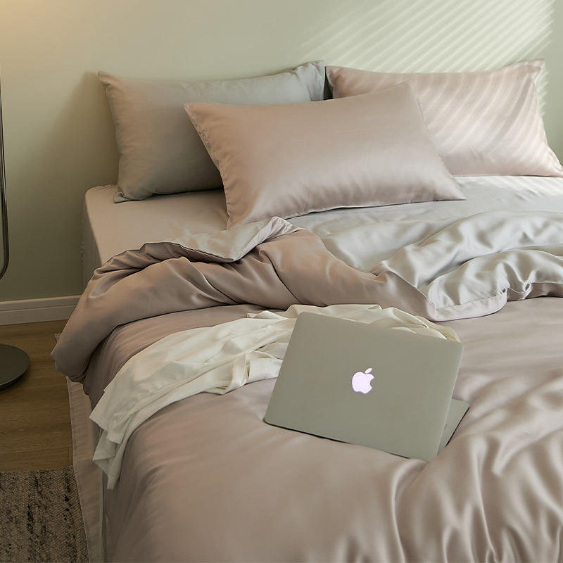 2025 verano fresco juego de cuatro piezas de Tiansi de lujo ligero de alta calidad ropa de cama de seda de hielo cubierta de edredón sedosa ropa de cama desnuda