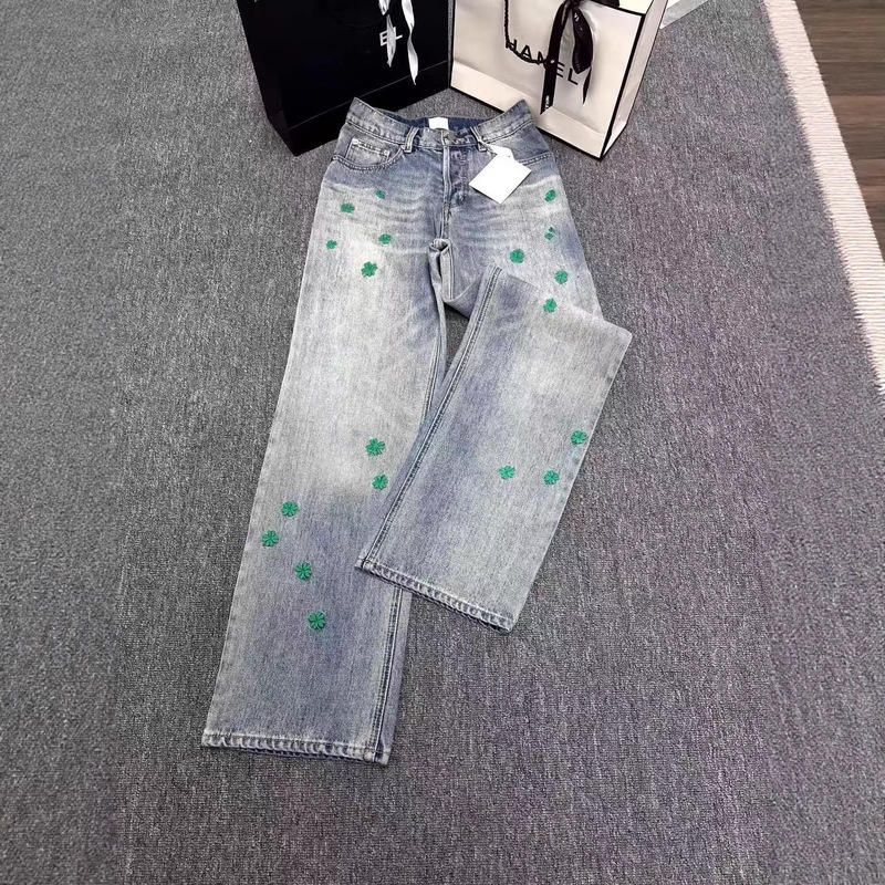 Shenzhen Nanyou Women's Clothing Cd Brand New Fashion High-End Four-Leaf Clover Embroidery High-Waisted Straight-Leg Slimming Jeans for Women