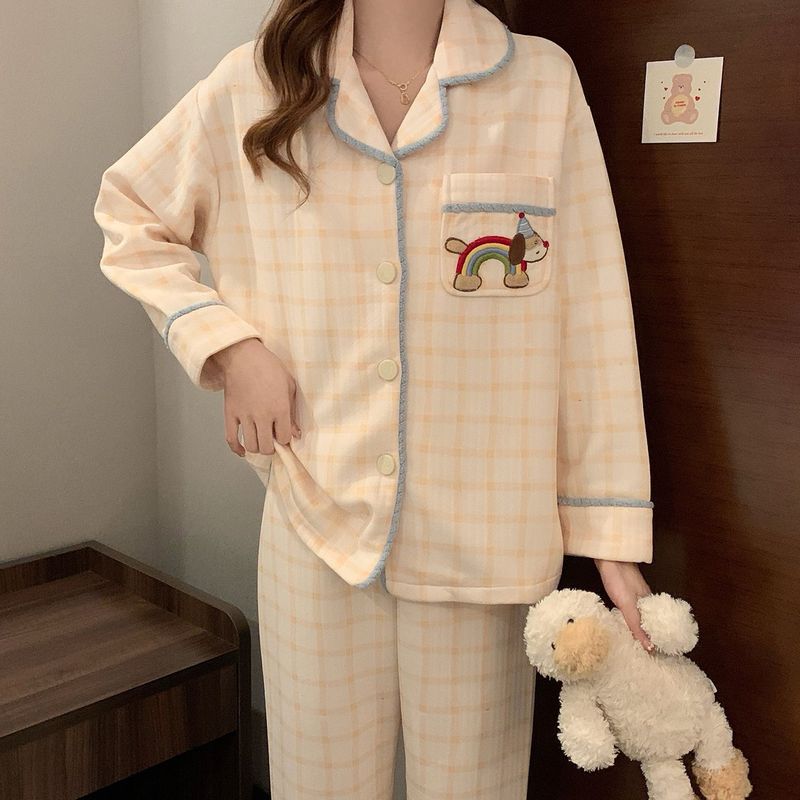 空气棉夹层睡衣女秋冬季新款可爱卡通格子开衫长袖加厚家居服套装|undefined