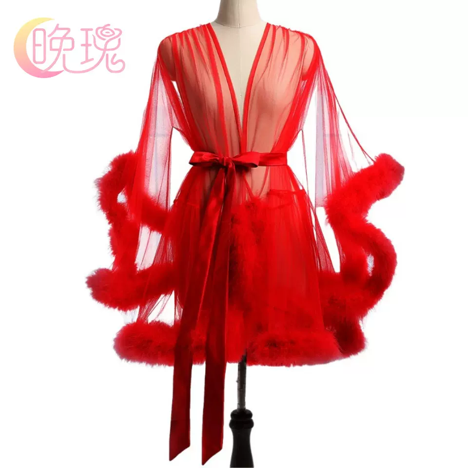 性感透明网纱外袍浴袍睡袍透视家居服毛毛拼接袖子中长款外套新款