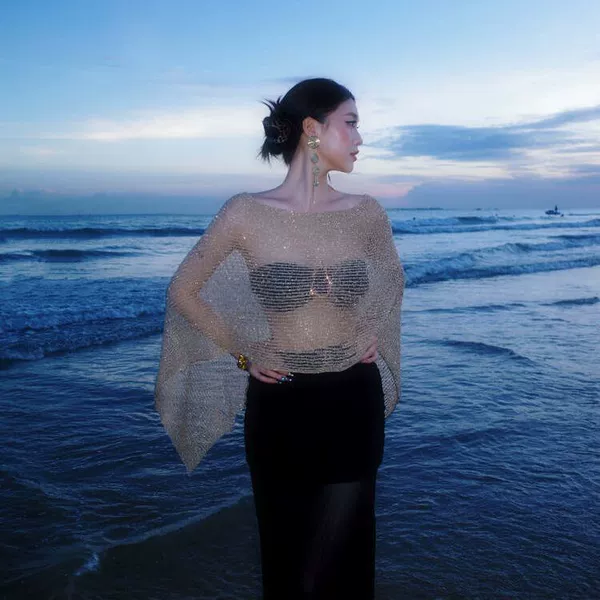 Black swimwear, set, golden cloak