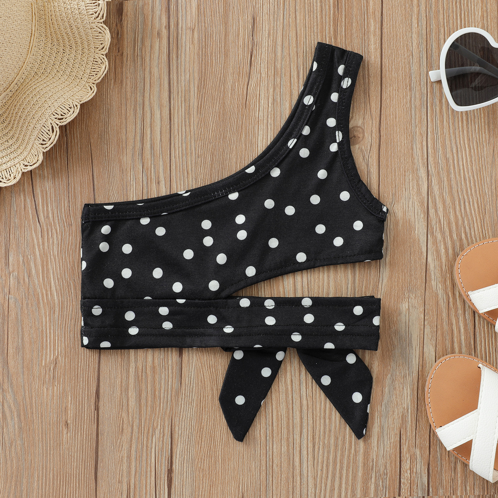 Chaleco transfronterizo para niños verano nuevas niñas Honda Polka Dot ombligo corto Top arco hombro camisa corta europea y americana