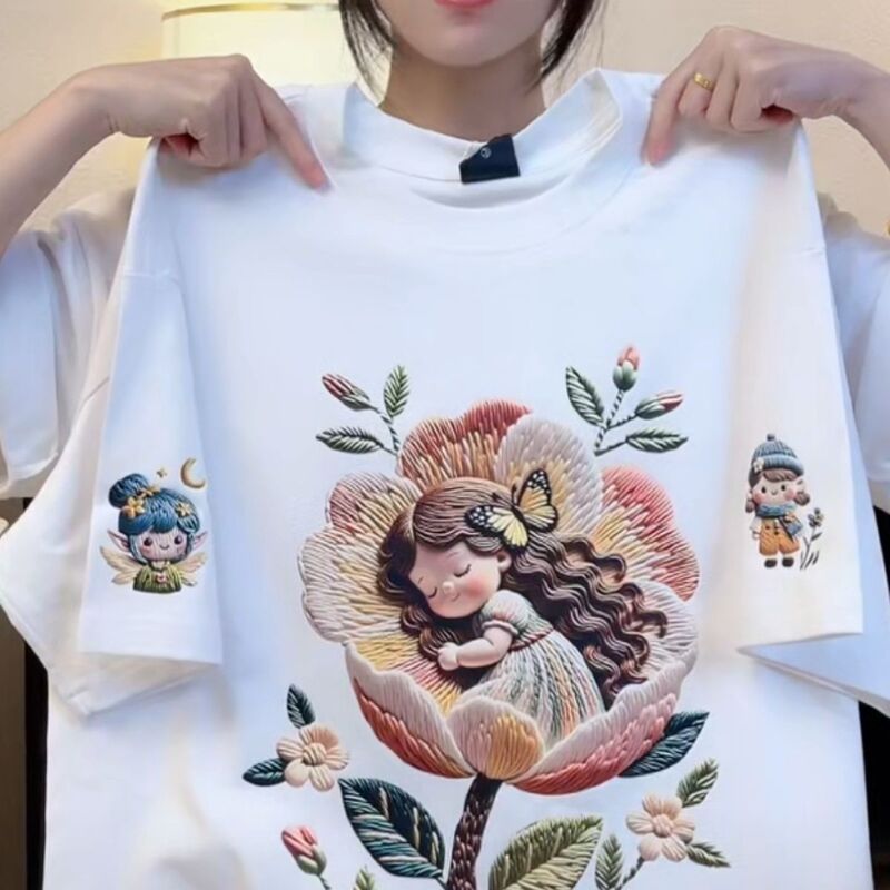 Flower Fairy Imitation Embroidery Printed Short-Sleeved T-Shirt for Women and Men 2026 Summer New Style Loose Sweet Girl Top New Style Ins