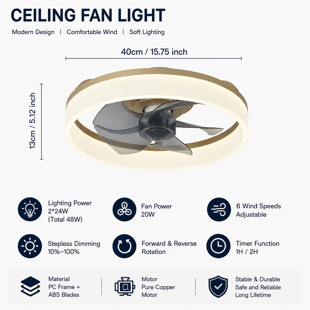 Ventilador de Techo con Luz de Acrílico y ABS, Control Remoto, Control por App, para Dormitorio y Comedor