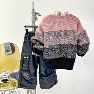 Boys' Korean Style Retro Long Sleeve Knitted Sweater Baby 2024 Autumn and Winter New Style Middle and Big Kids Warm Loose Casual Sweater
