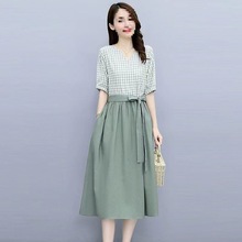 时髦拼接棉麻连衣裙女装2025年夏季新款遮肚收腰显妈妈装裙子潮