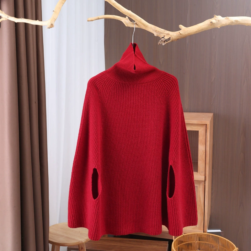 秋冬新款高领时尚蝙蝠袖加厚套头宽松中长款披肩斗篷毛衣外套女