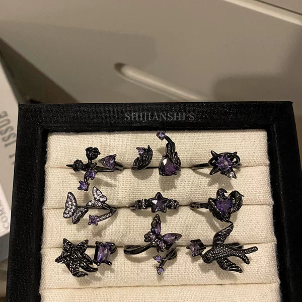 「Purple Wisteria Wood」Dark Purple Flower Wood Butterfly Open Ring Fashion Niche Creative Gender-Neutral Style Ring