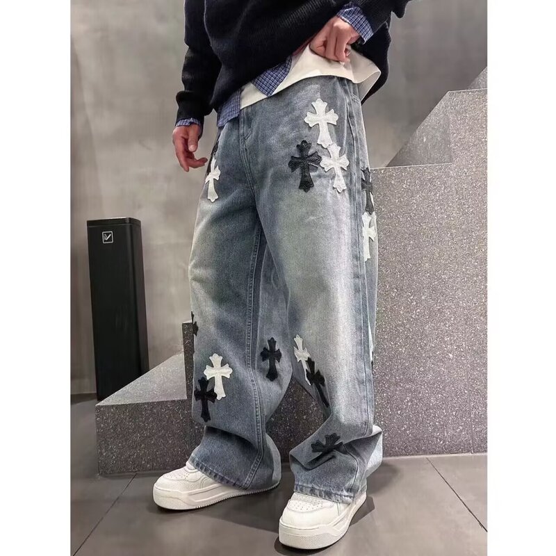 Trendy and Artistic Ins-Style Lazy Simple Harajuku New Japanese Blue Leather Label Cross Jeans with a Stylish Vibe