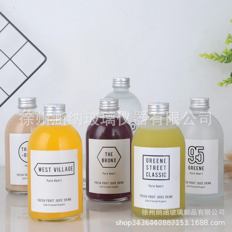 时尚简约500ml透明蒙砂圆形果汁果酒奶茶饮料瓶泡酒铝盖自酿酒瓶
