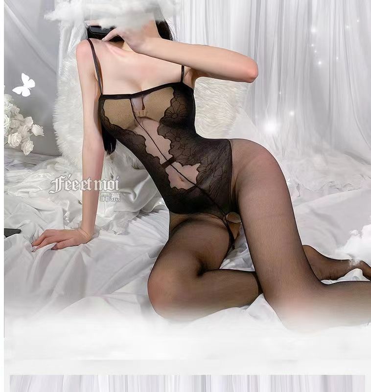 Feimu Jacquard Open-Crotch Bodystocking in Black Velvet, One Size — detail image 10