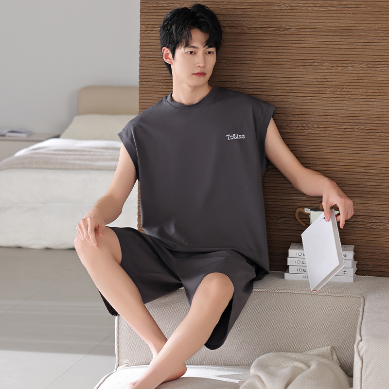 남성용 잠옷, 여름용, 순면 민소매 조끼, 반바지, 홈웨어, 남성용 캐주얼, 큰 사이즈, 편안하고 외부에서 착용 가능