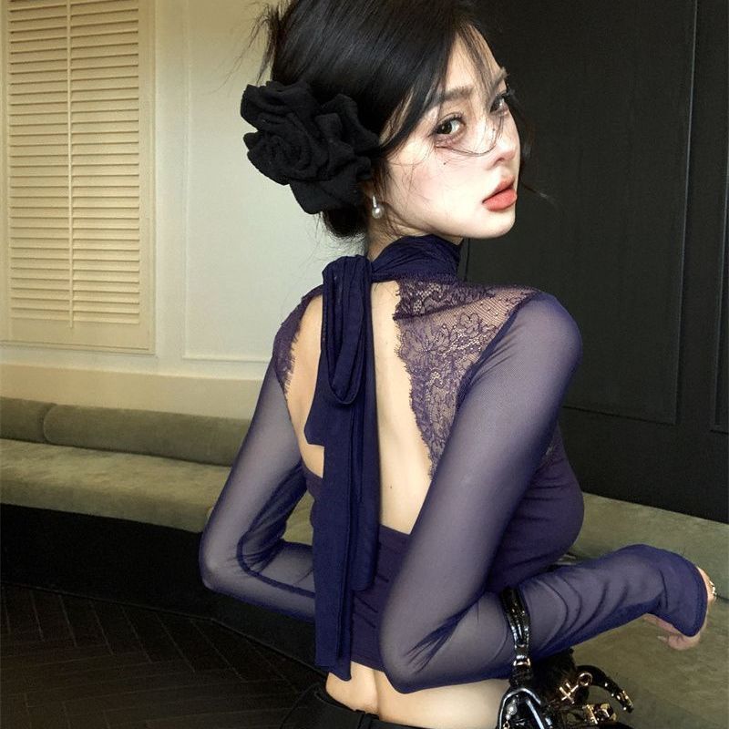 여성용 긴팔 티셔츠, 레이스 스플라이싱, 속이 빈 고급 스타일, 섹시한 핫걸 여신 기질, 백리스 스트랩 탑