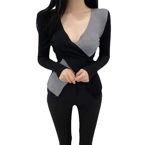 Women's Color-blocked V-neck Knit Top 2025 Summer Autumn New Arrival Korean Style Asymmetrical Design Crossed Long Sleeve Base Layer T-shirt