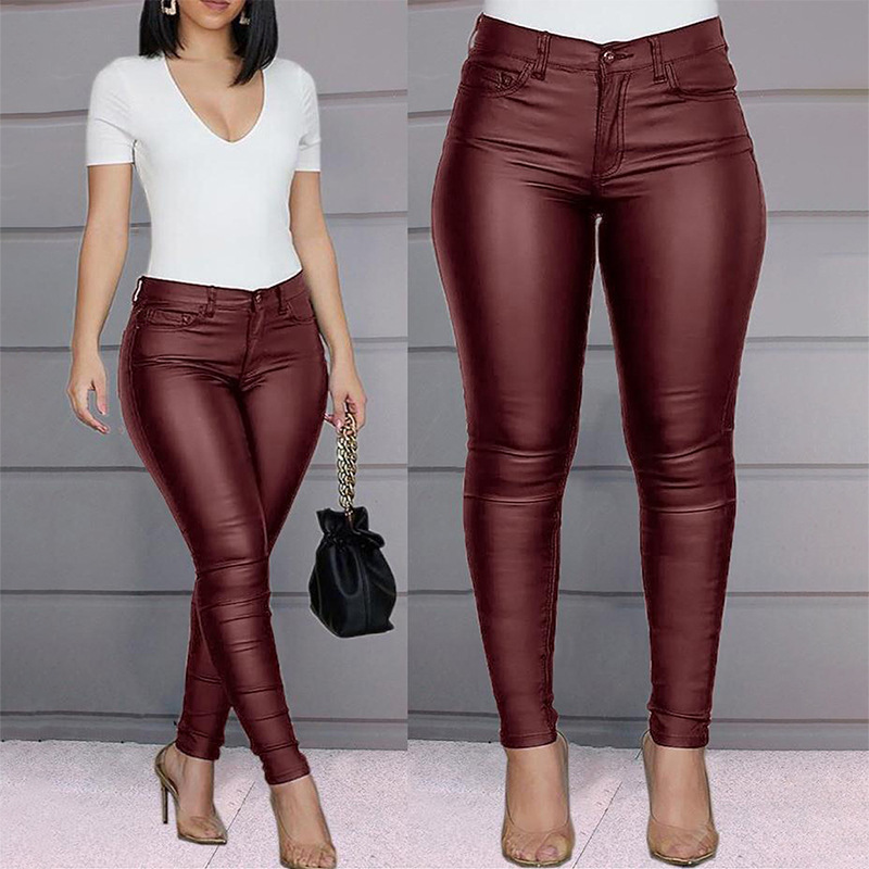 Damenbekleidung Einfarbige PU-Lederhose Lässige sexy Röhrenhose_voghion.com
