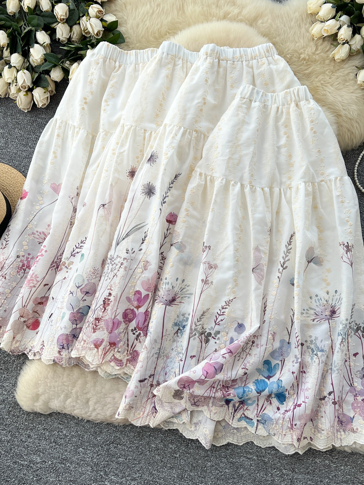 Women's French Sweet Style Floral Print Patchwork A-Line Midi Skirt High Waist Slimming mid Length Summer Fairy like Cake Skirt_ecoleips.com