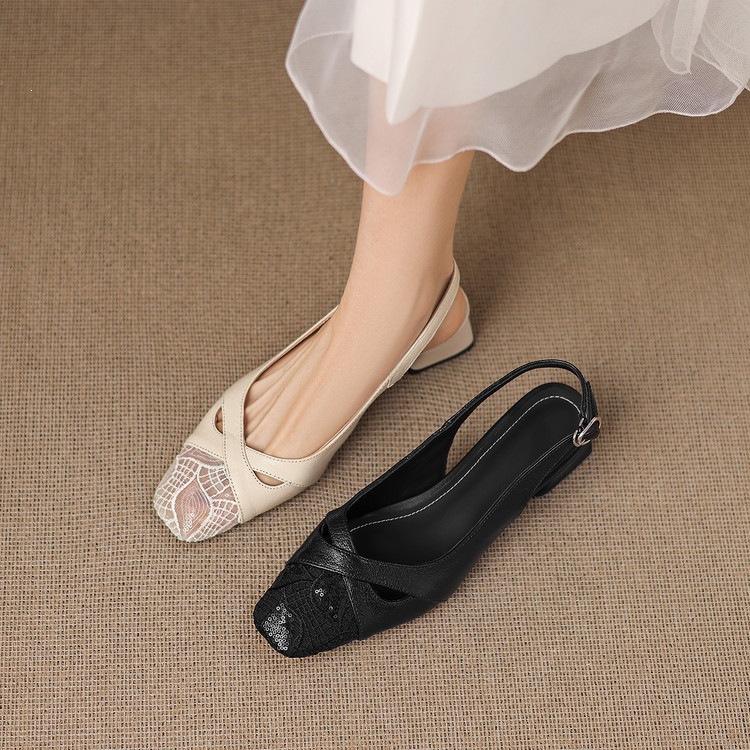 Sandal cao gót nữ hở mũi da cừu lưới phối màu quai ngang khóa — màu đen, màu trắng ngà chi tiết 30