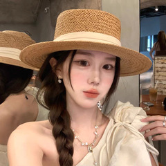 韩版平顶草帽老钱风网红同款宽檐帽子女海滩出游透气遮阳防晒法式