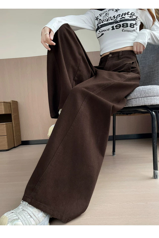 Quần jean ống rộng cạp cao màu nâu cà phê, dáng suông rộng có độ rủ, phong cách tối giản — Màu nâu đậm - Dài 9 tấc, Màu nâu đậm - Dài hơn, Màu nâu đậm - thông thường, Lót lông màu nâu đậm - Dài 9 tấc chi tiết 15