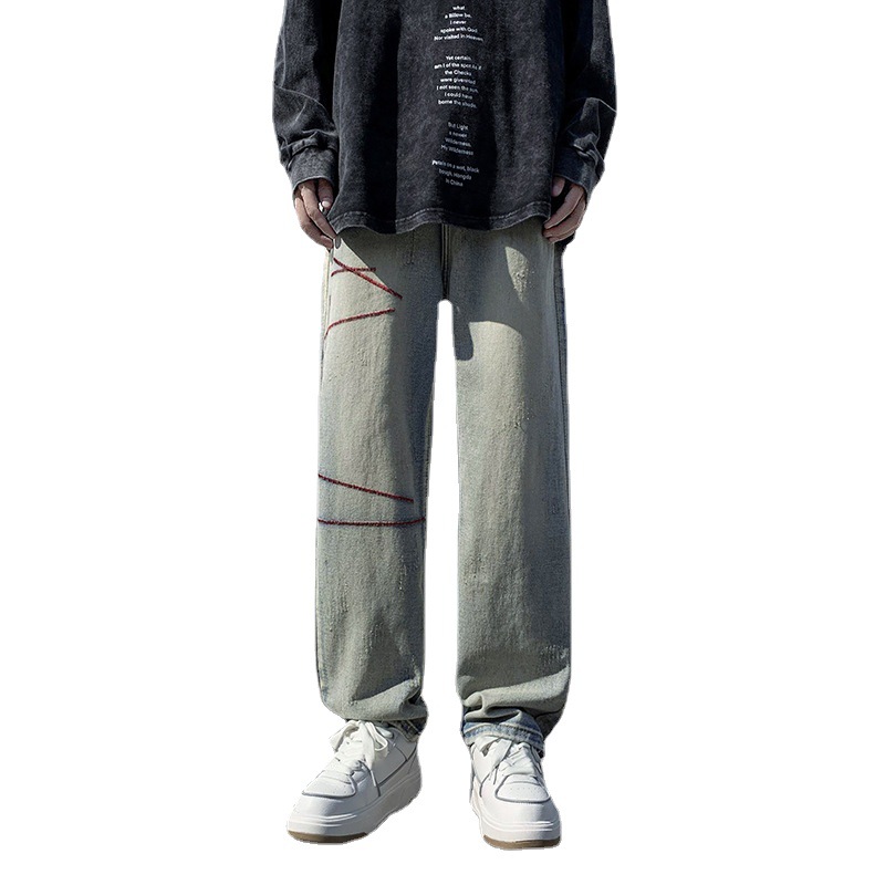 Pantalones de mezclilla de los hombres de primavera estilo coreano sueltos rectos jóvenes estilo de Hong Kong ins personalidad guapo pantalones de pierna ancha casual