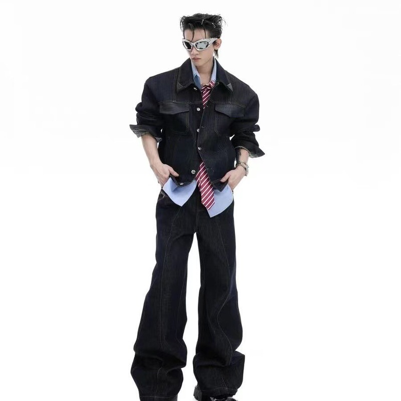 25S Autumn Culture Ink Mark* Niche Retro Crocodile Leather Patchwork Original Color Denim Suit Short Denim Jacket