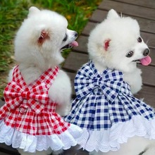 猫咪衣服狗狗衣服夏天宠物裙子可牵引用品泰迪法斗比博美格子批发